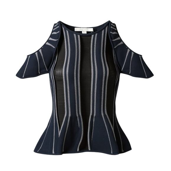 Jonathan Simkhai Navy Blue Striped Cold Shoulder Knit Crochet Peplum - Picture 1 of 8